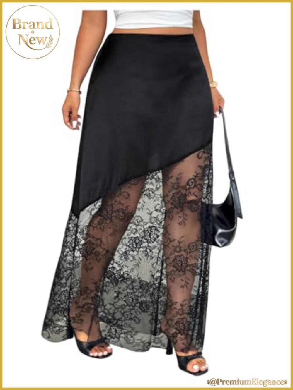 Plus Size Lace Satin Maxi Skirt High Waisted Patchwork Flowy